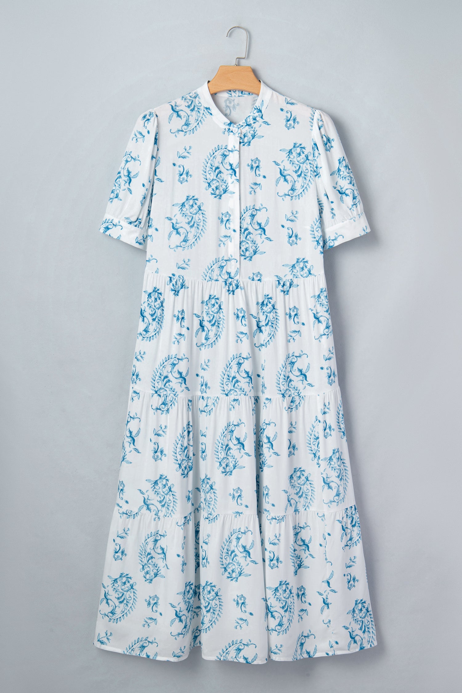 Sky Blue Plus Size Geometric Floral Print Button Split Neck Short Sleeve Maxi Dress