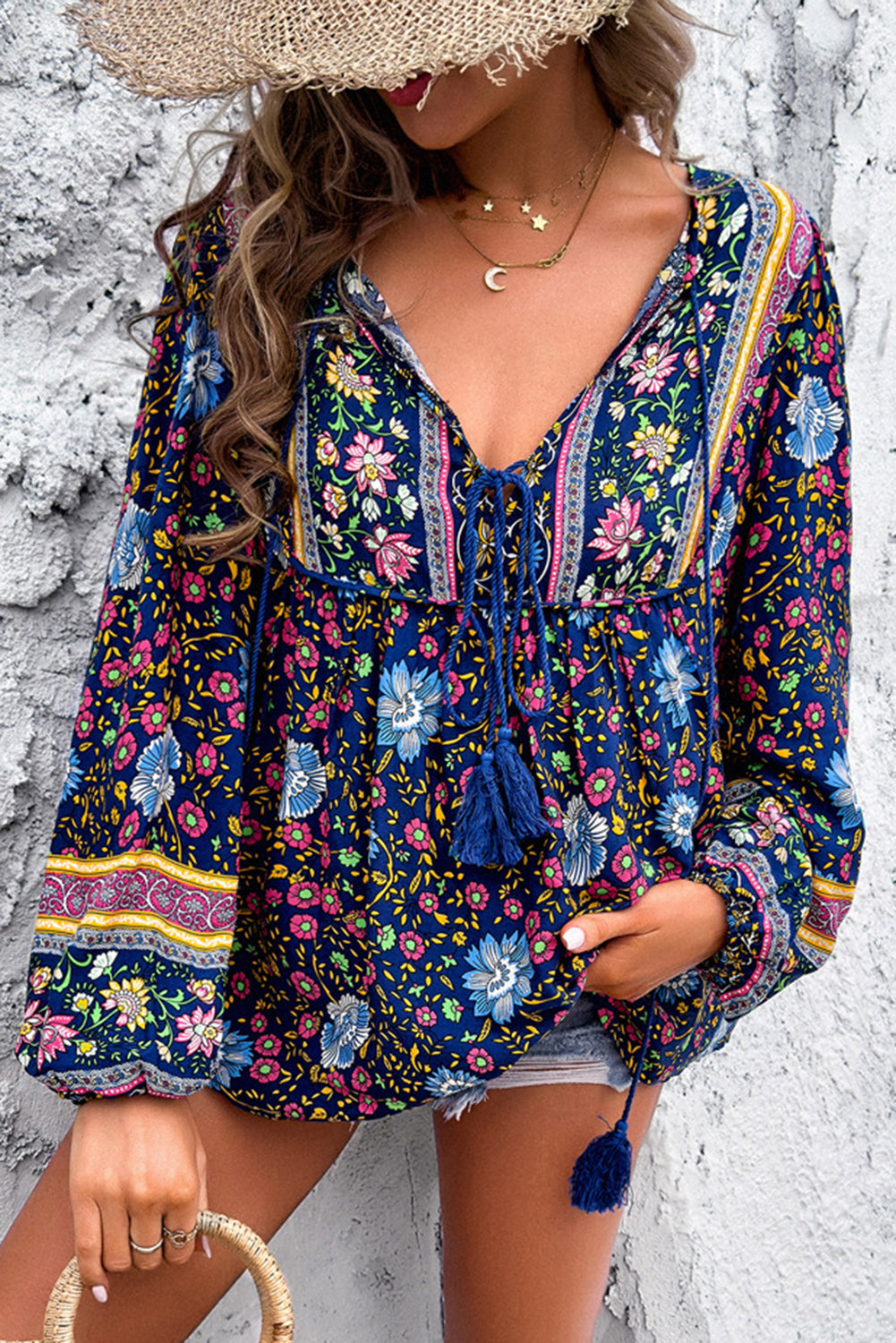 Blue Ethnic Print Tassel Tie Front Blouse