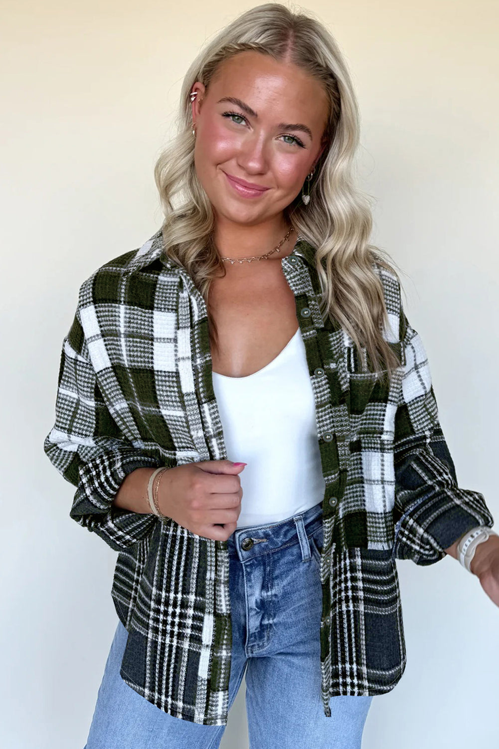 Black Plaid Print Textured Knit Buttoned Shacket