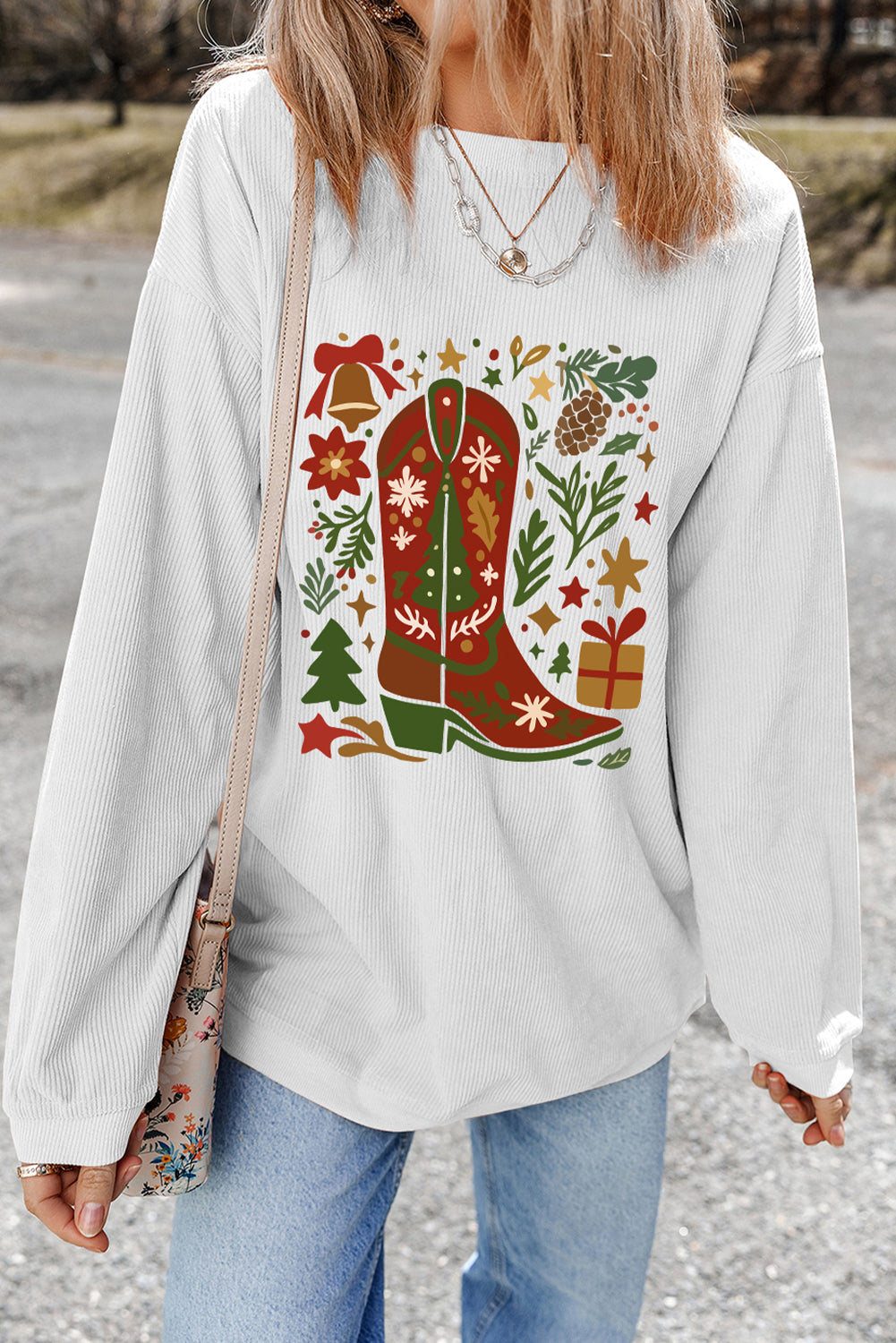 White Christmas Leafy Boot Printed Corded Rib Drop Shoulder Sweatshirt