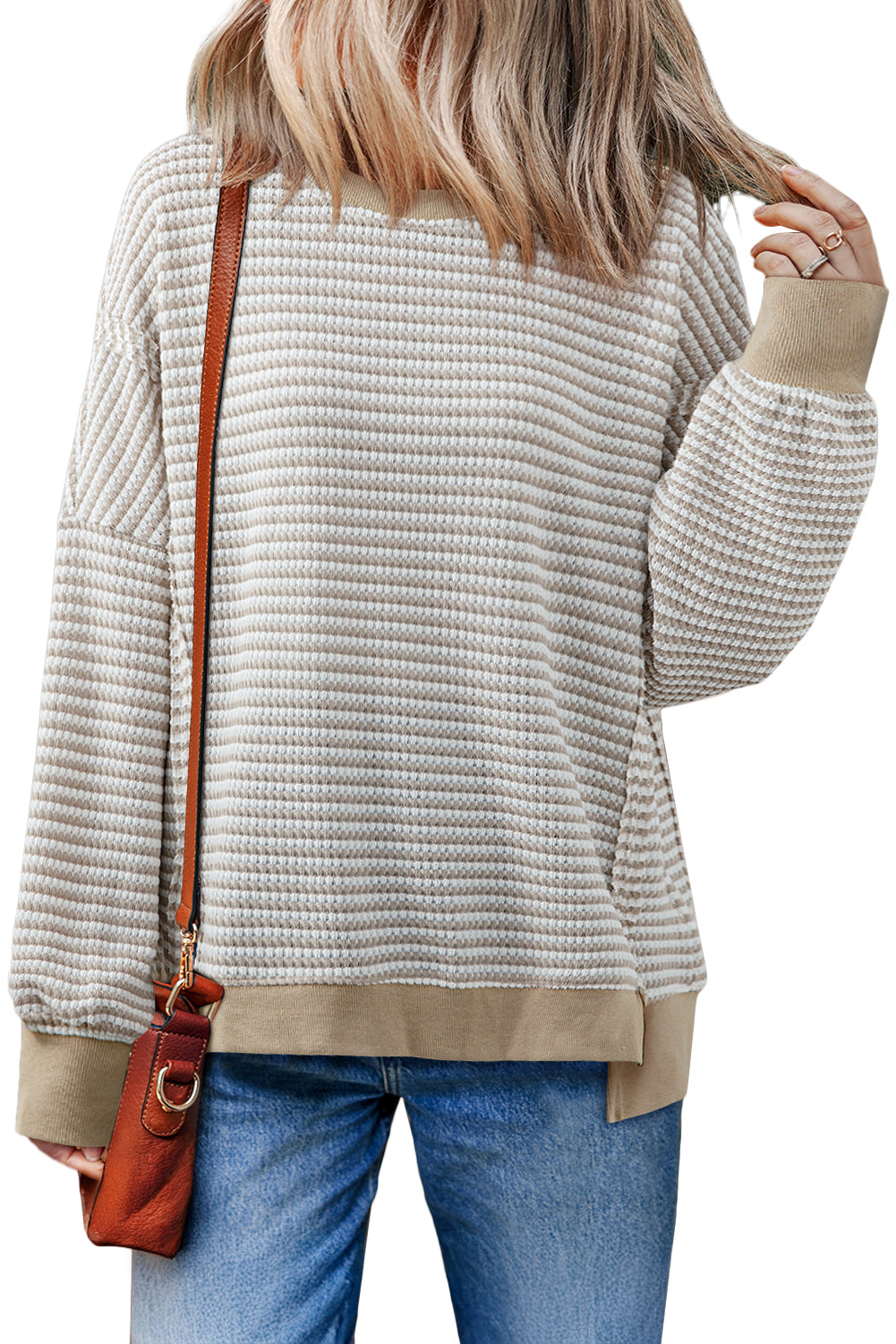 Brown Stripe Ribbed Trim Drop Shoulder Long Sleeve Oversized Top