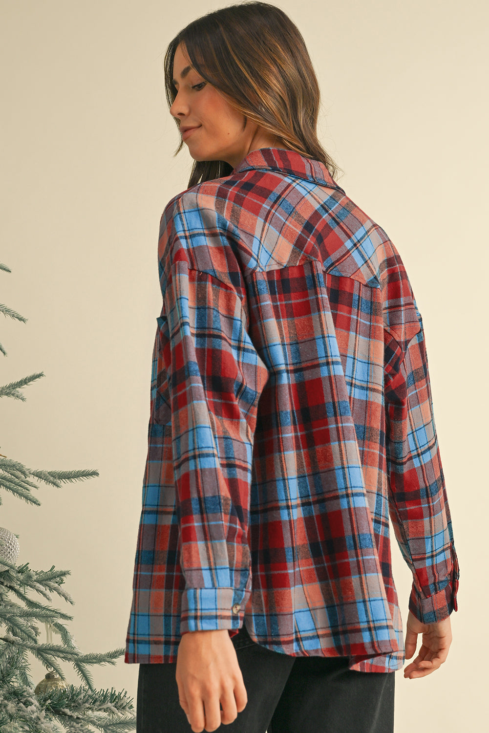 Red Plaid Print Drop Sleeve Loose Shirt Shacket