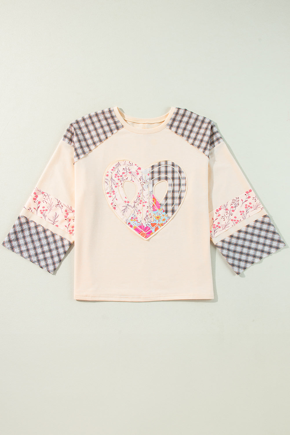 Beige Plaid Floral Patchwork Heart Long Sleeve Top