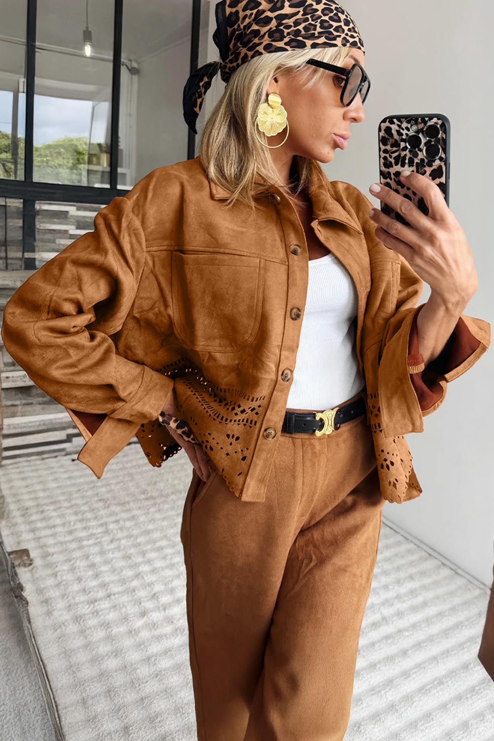 Thai Curry Solid Color Faux Suede Hollowed Detail Retro Style Jacket