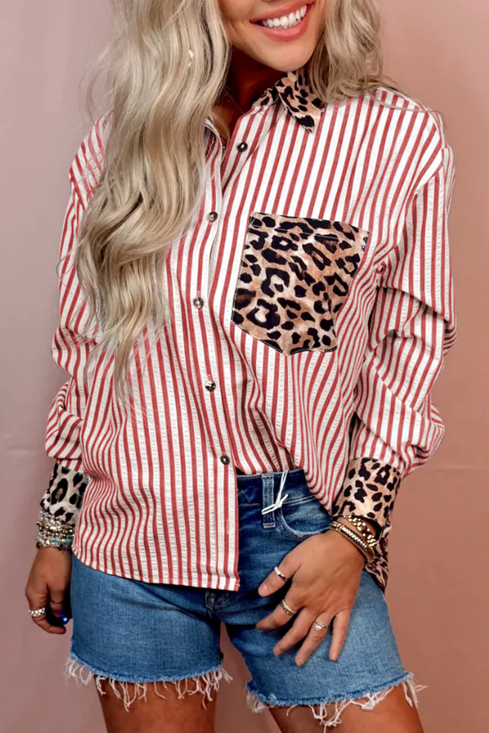 Racing Red Leopard and Striped Patchwork Button Shirt