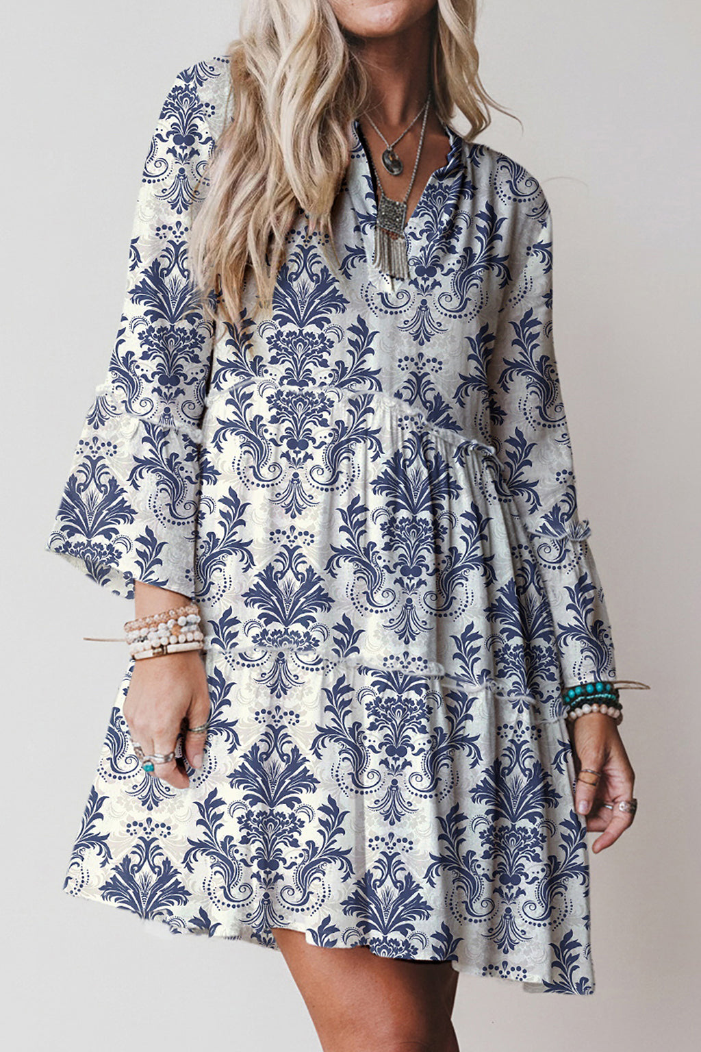 Sky Blue Boho Floral Print Lettuce Trim 3/4 Sleeve Mini Dress