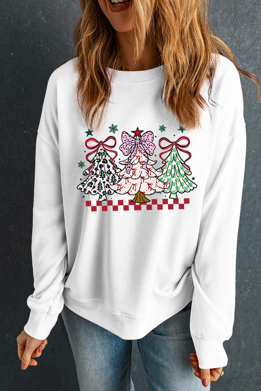 White Christmas Tree Graphic Heat Transfer Printing Holiday Sweatshirt