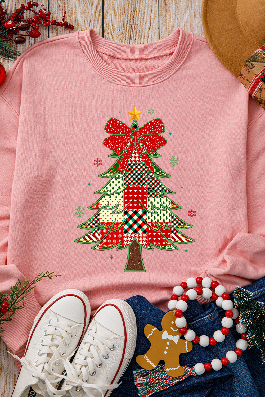 Sudadera de mujer con hombros caídos y estampado de árbol de Navidad a cuadros rosa multicolor