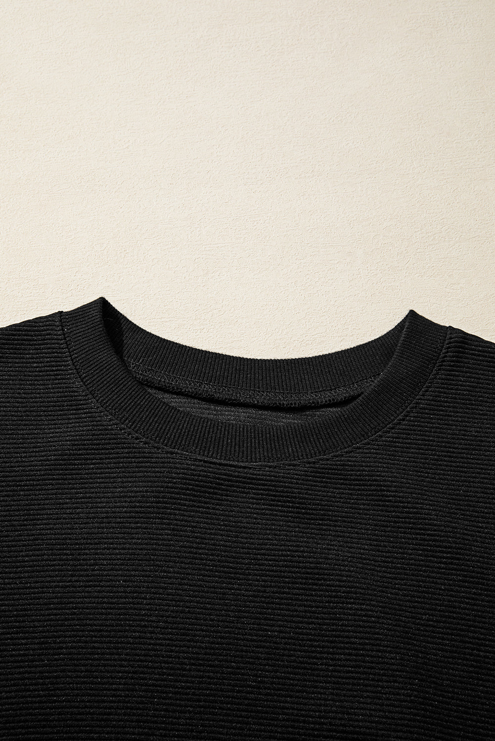 Black Ribbed Texture Baggy Drop Shoulder Pullover and Shorts Set