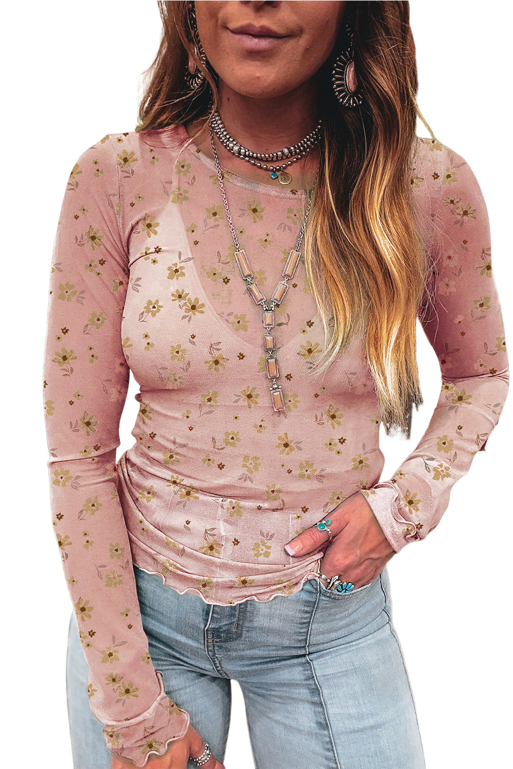 Top de manga larga ajustado de malla con estampado floral rosa