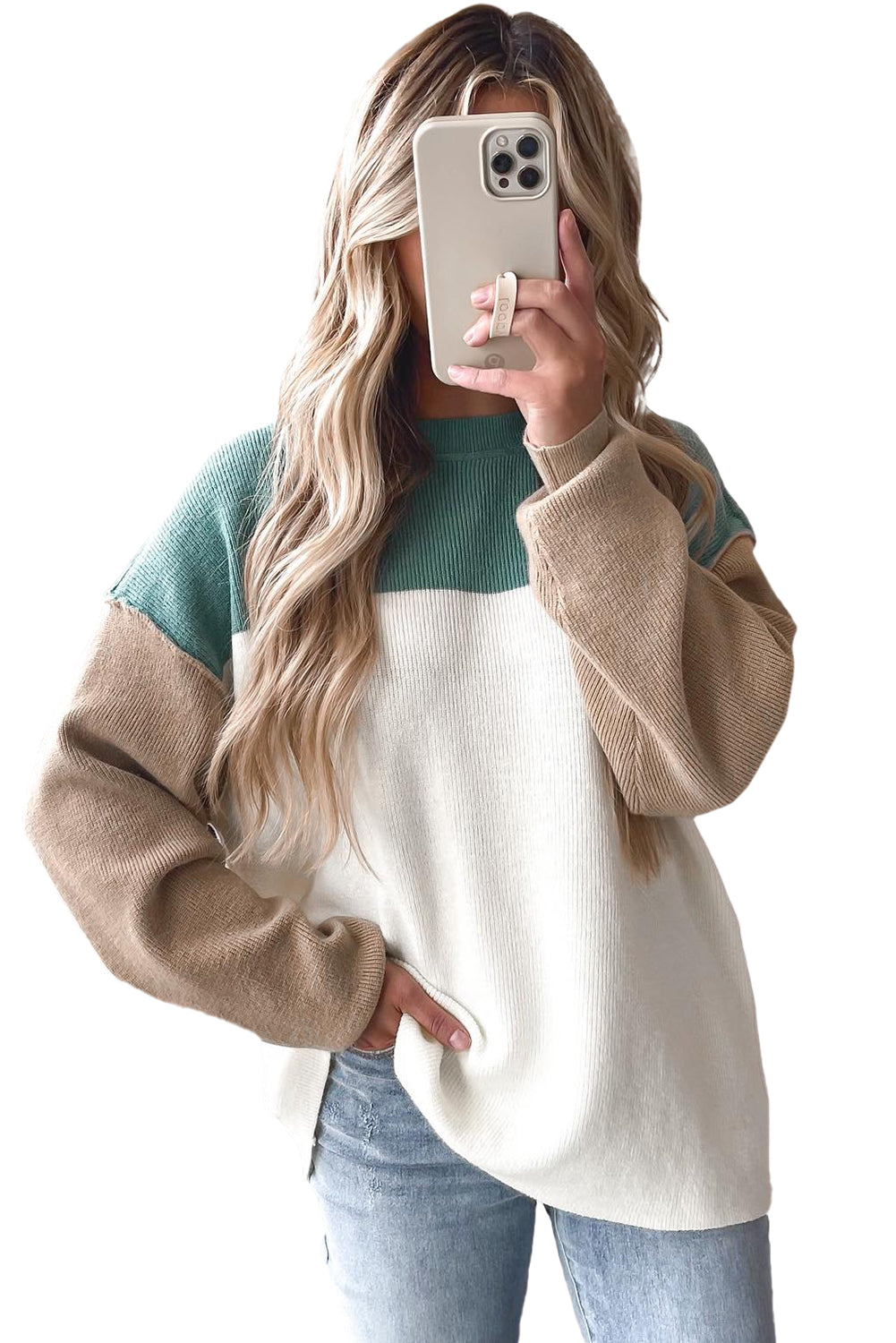 Green Colorblock Ribbed Knit Baggy Sweater