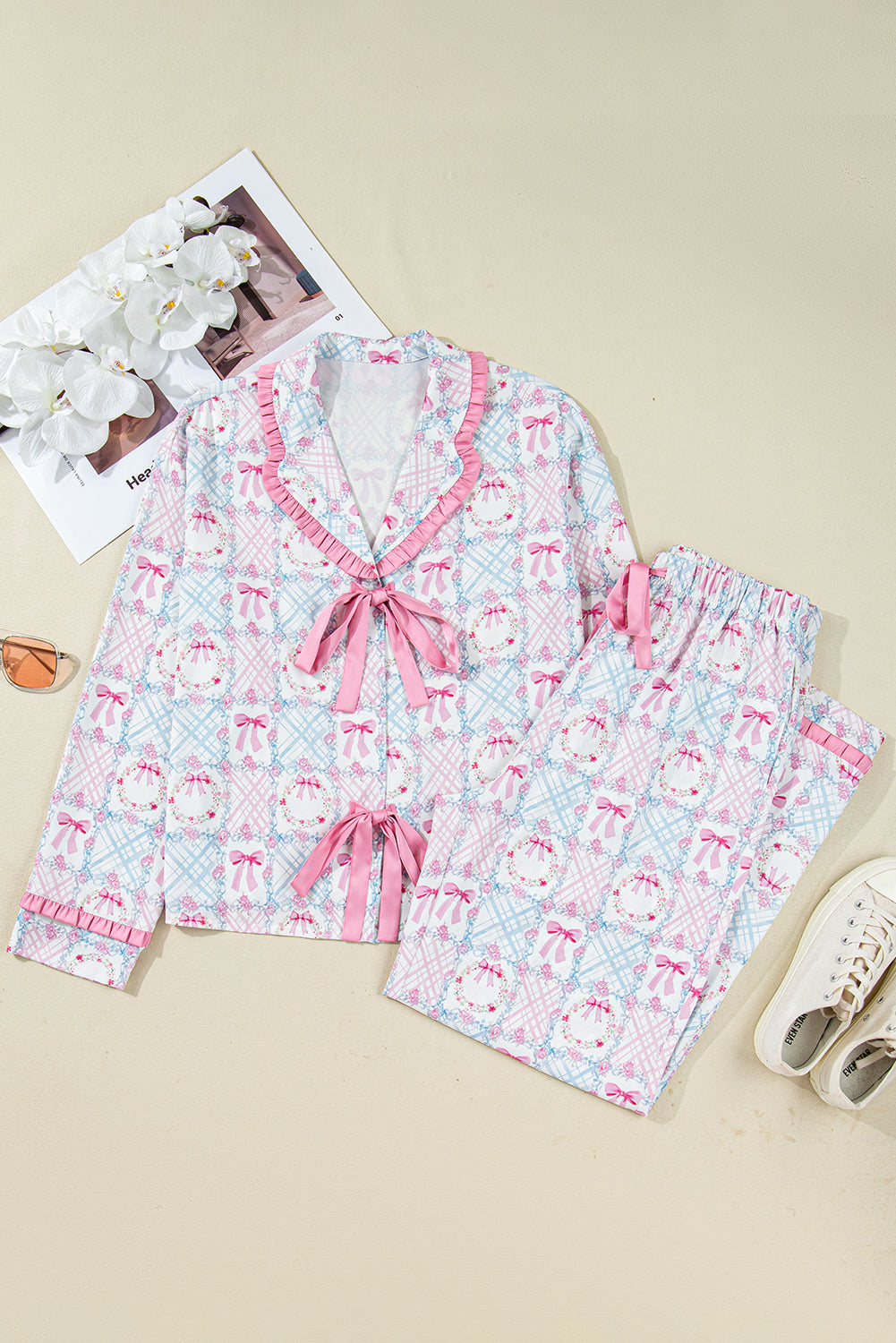 Pink Bow Wreath Pattern Christmas Holiday Bow Tie Front Pajama Set