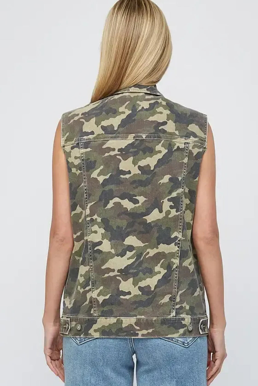 Green Camouflage Print Button Cargo Pocket Button Down Denim Vest