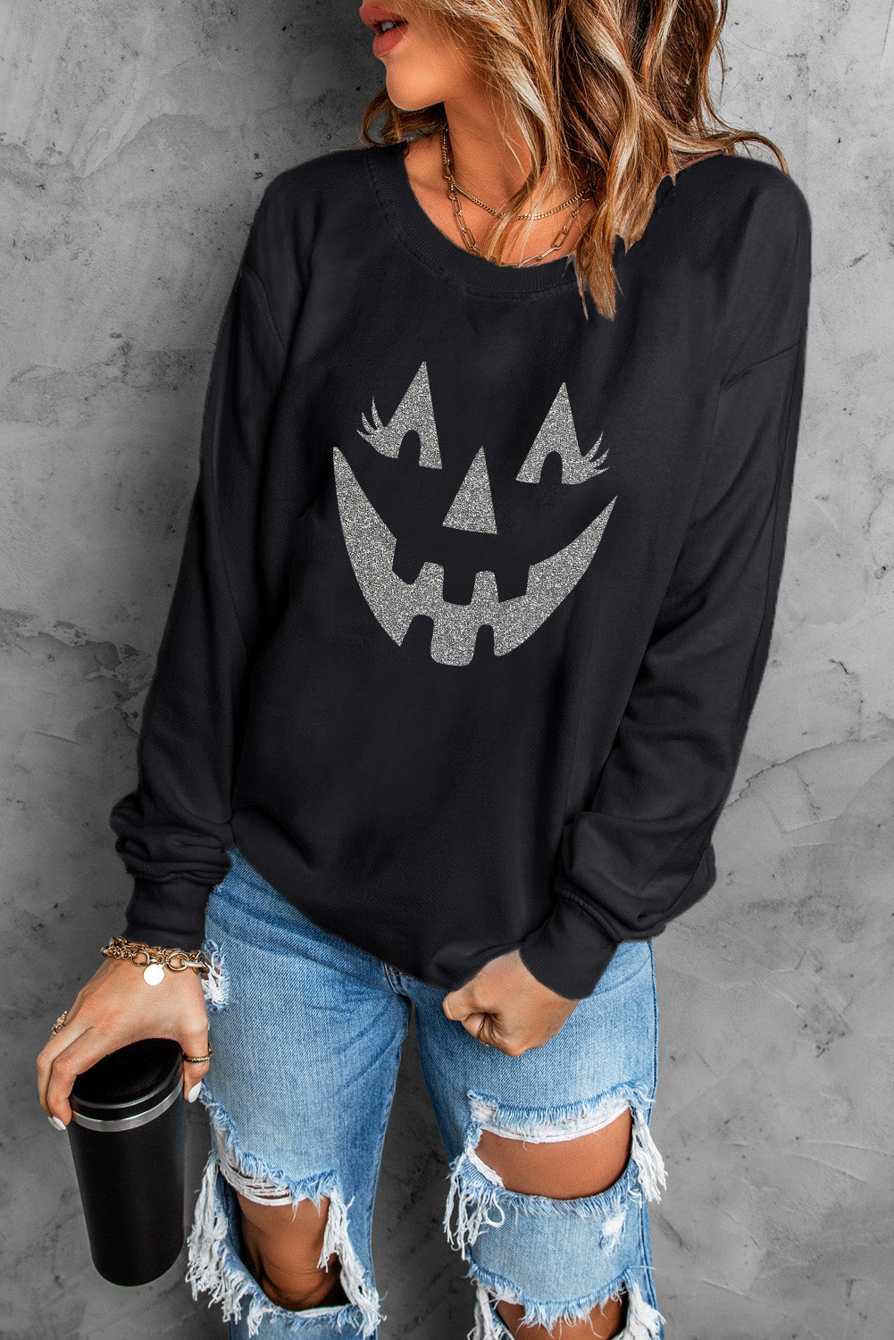 Black Spooky Halloween Graphic Baggy Sweatshirt
