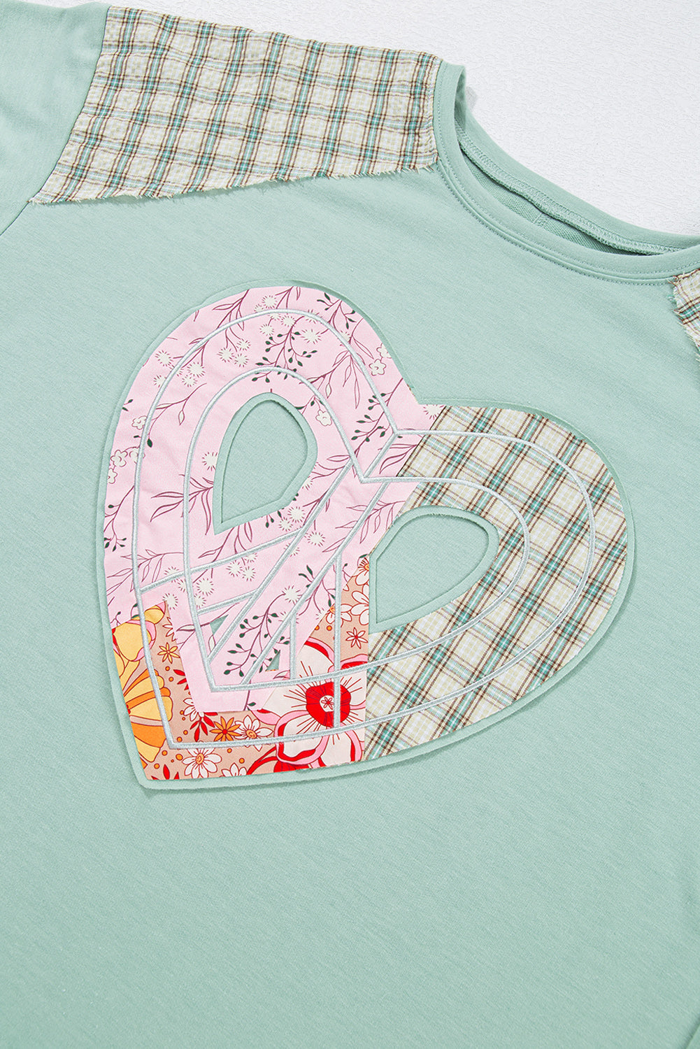 Beige Plaid Floral Patchwork Heart Long Sleeve Top