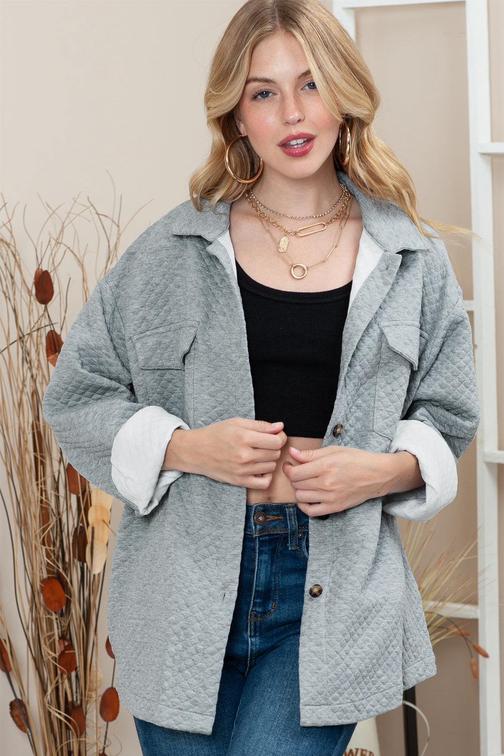 Veste matelassée à boutons et à rabat rétro à texture treillis grise