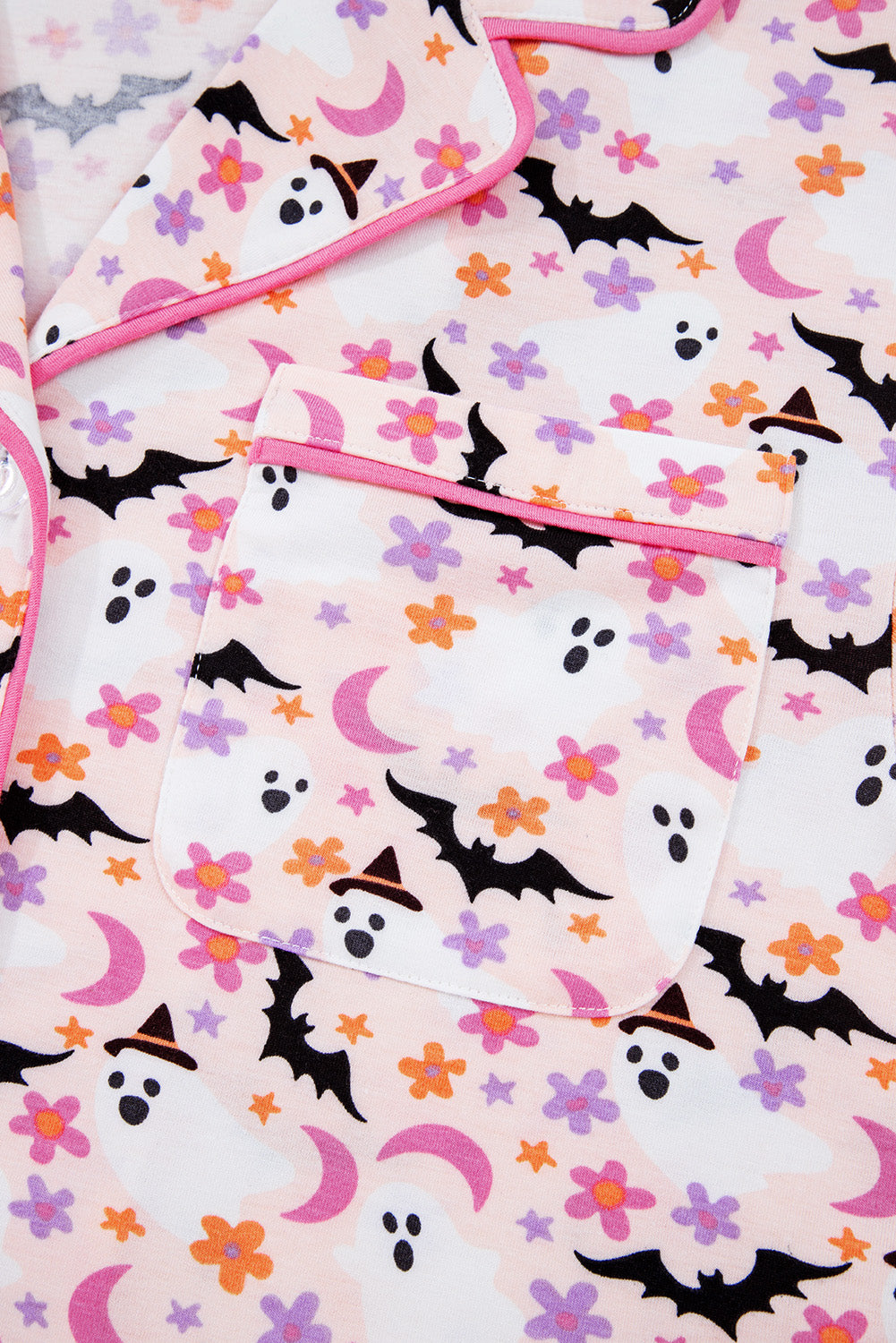 Pink Cute Floral Halloween Ghost Print Long Pajama Set