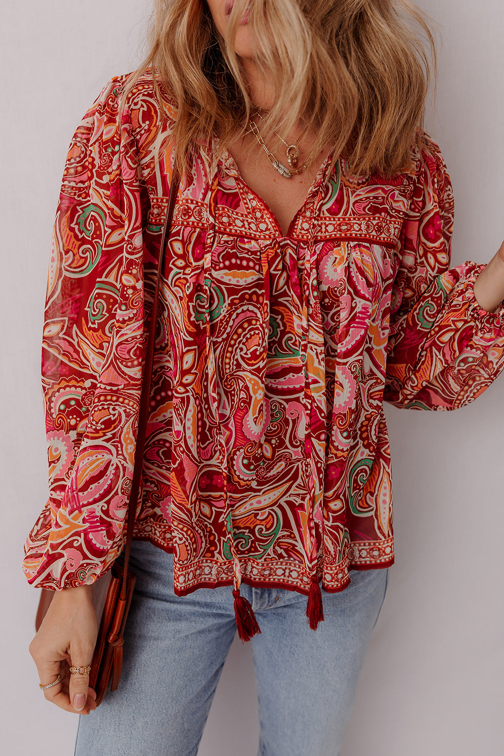 Multicolour Ethnic Paisley Print Tassel Tie Puff Sleeve Boho Blouse