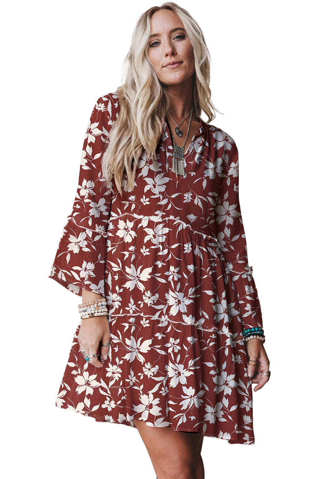 Sky Blue Boho Floral Print Lettuce Trim 3/4 Sleeve Mini Dress