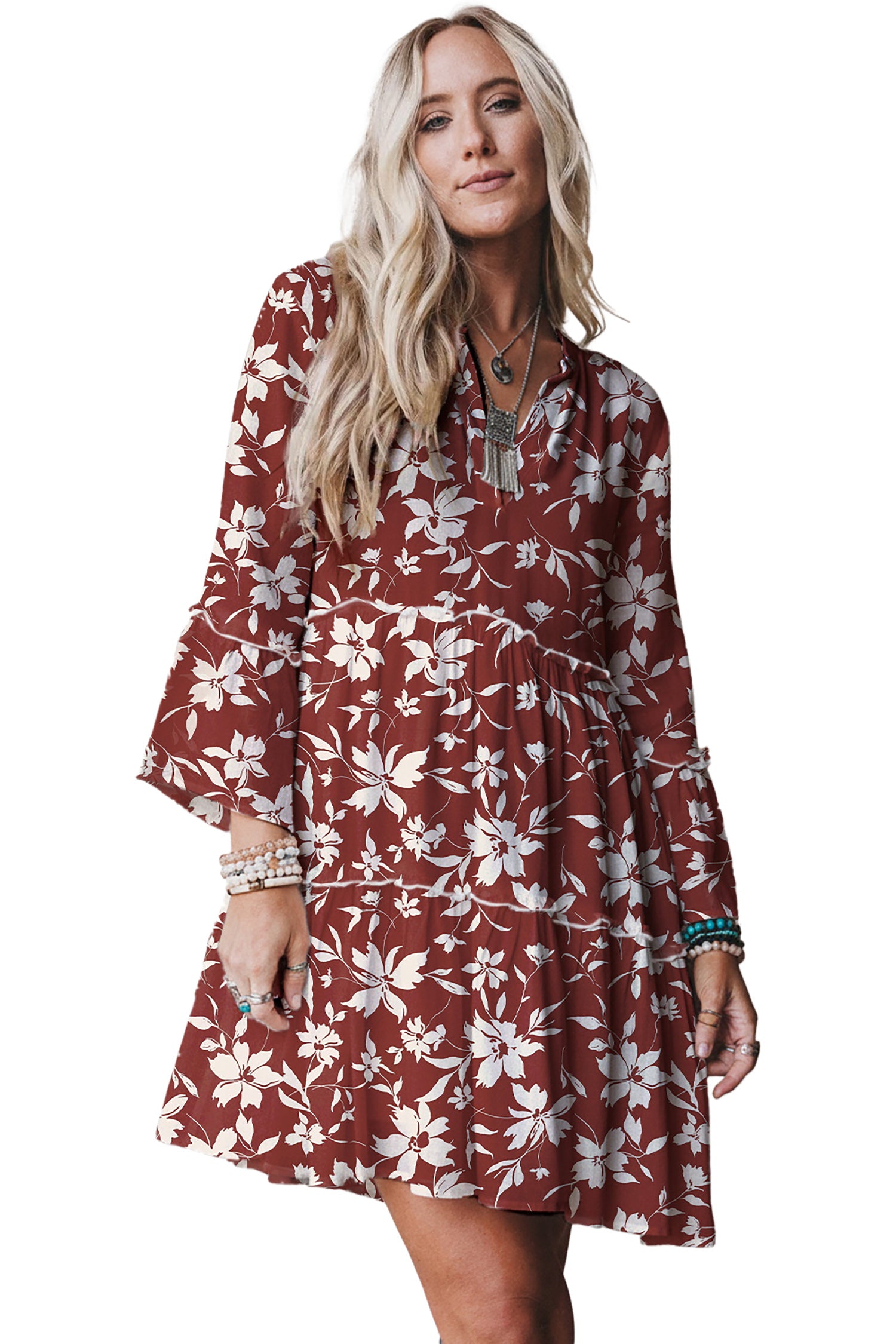 Sky Blue Boho Floral Print Lettuce Trim 3/4 Sleeve Mini Dress