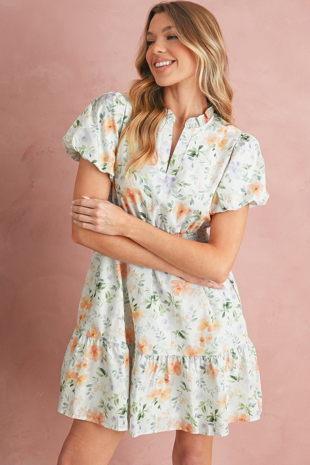 Beige Floral Print Smocked High Waist Puff Sleeve Mini Dress