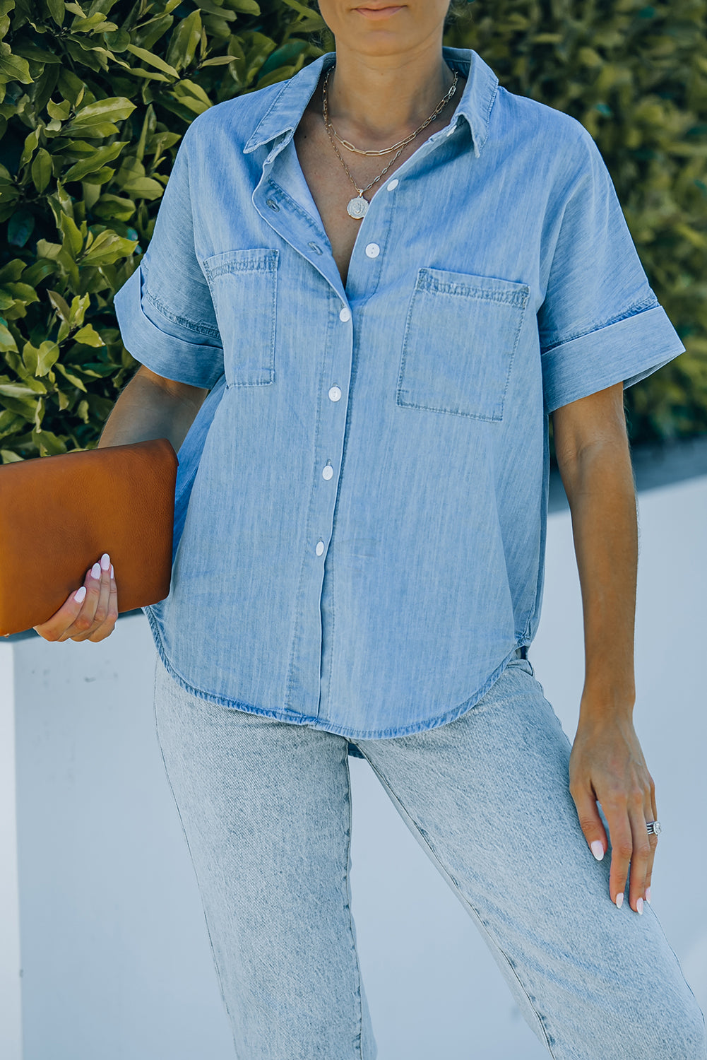 Blue Turn-down Collar Short Sleeve Denim Shirt