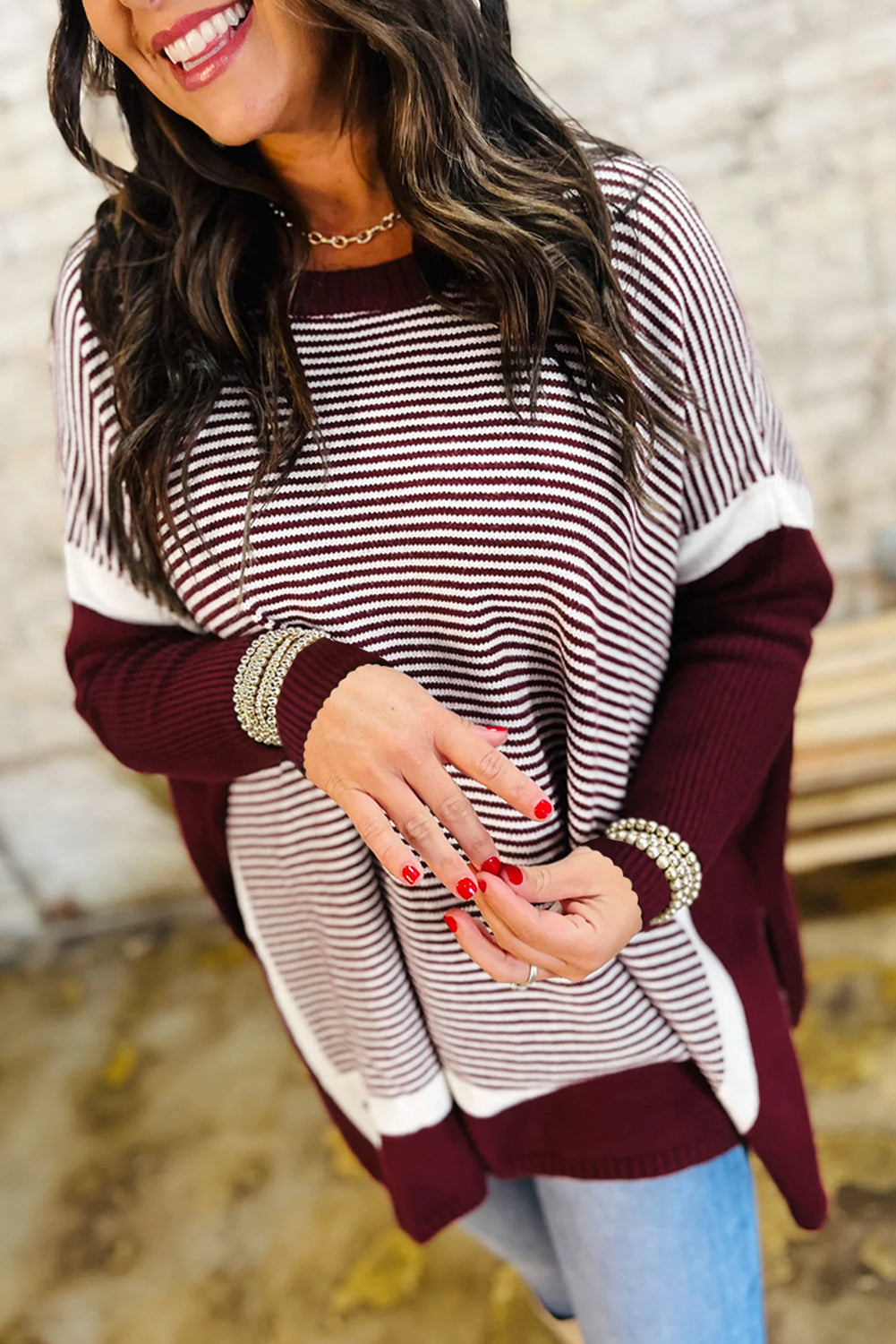 Pull tunique oversize à rayures vertes et empiècements color block, style dolman