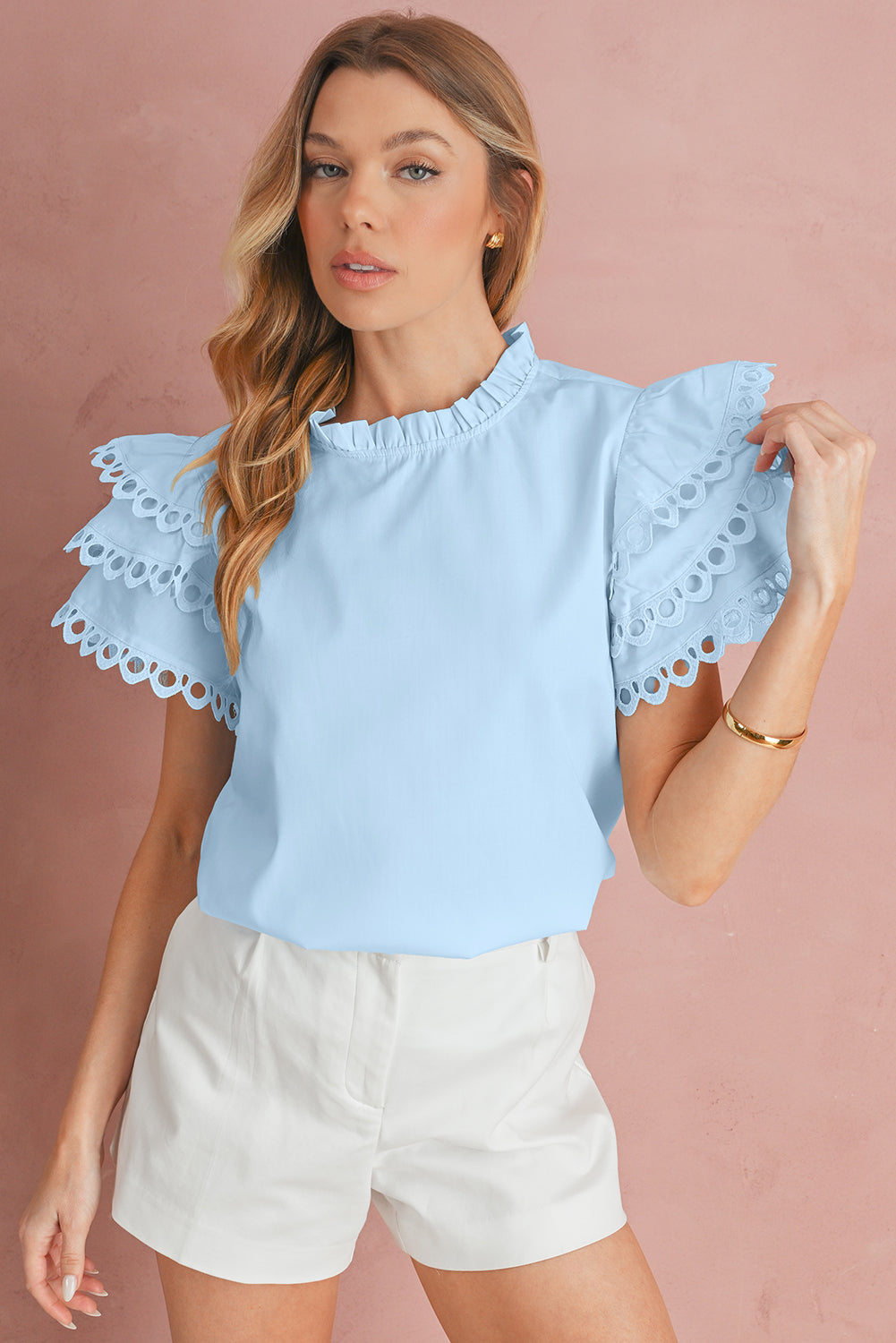 Beau Blue Layered Cap Sleeve Frill Neck Blouse