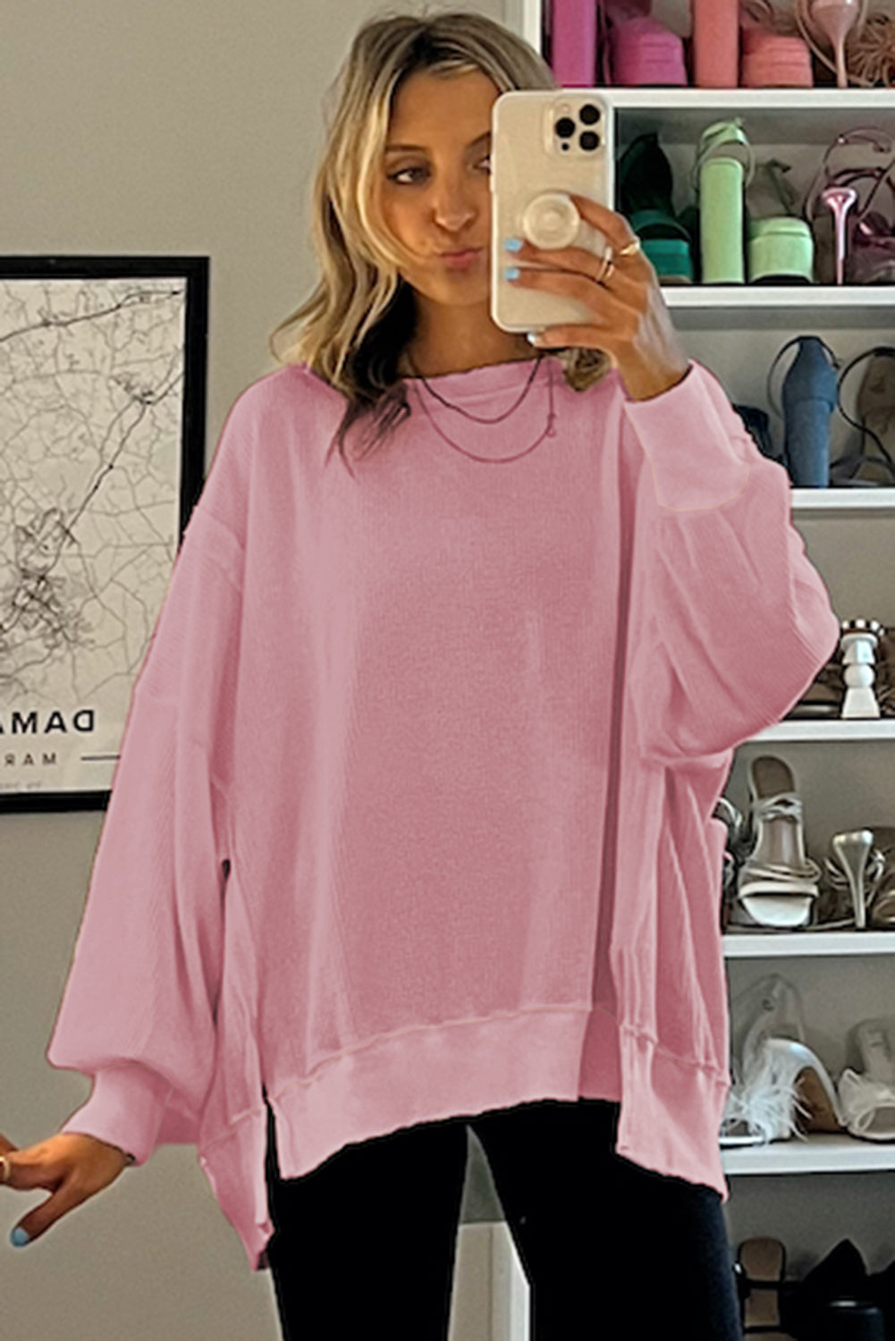 Sweat-shirt oversize fendu à manches évasées et gaufrées rose