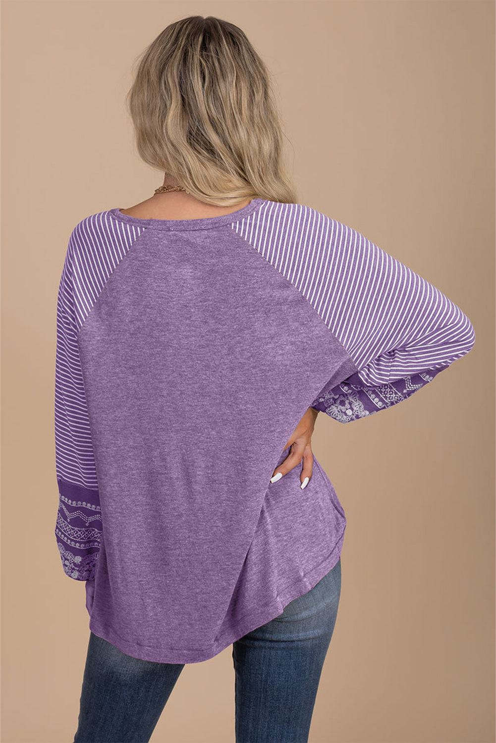 Medium Grey Contrast Print Striped Raglan Long Sleeve Loose Top