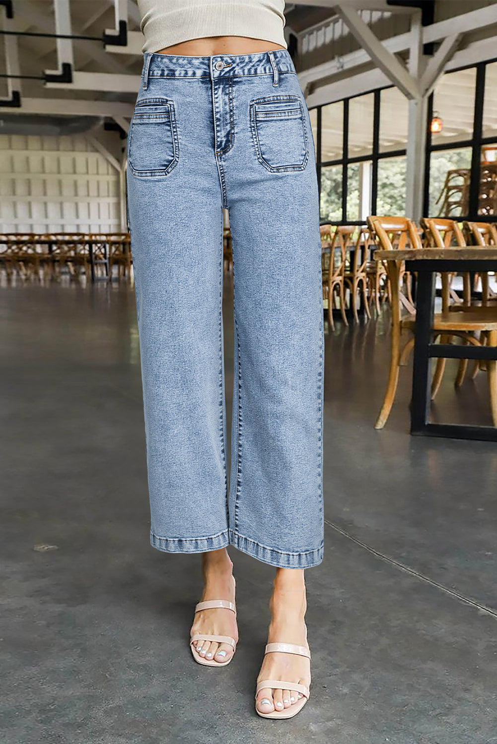 Light Blue Chic Patch Pocket Straight Leg Loose Jeans
