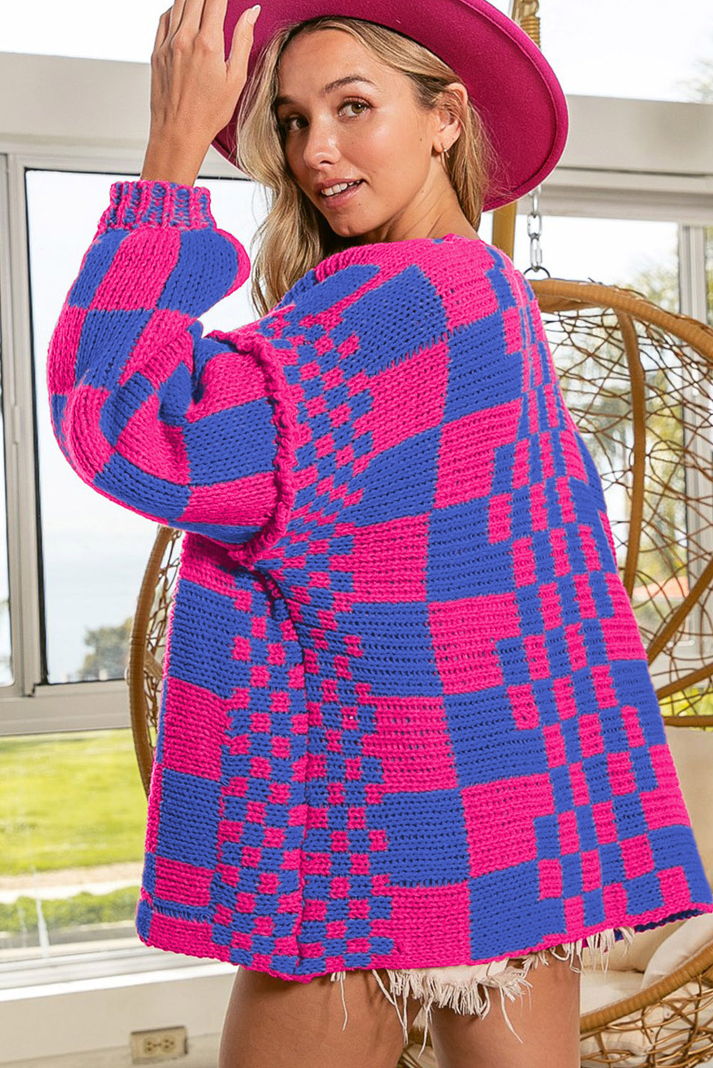 Multicolor Plaid Open Front Knitted Cardigan