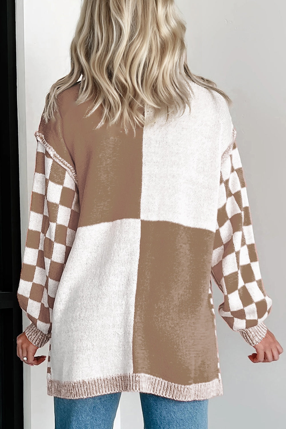Brown Checkered Plus Size Drop Shoulder Knit Cardigan