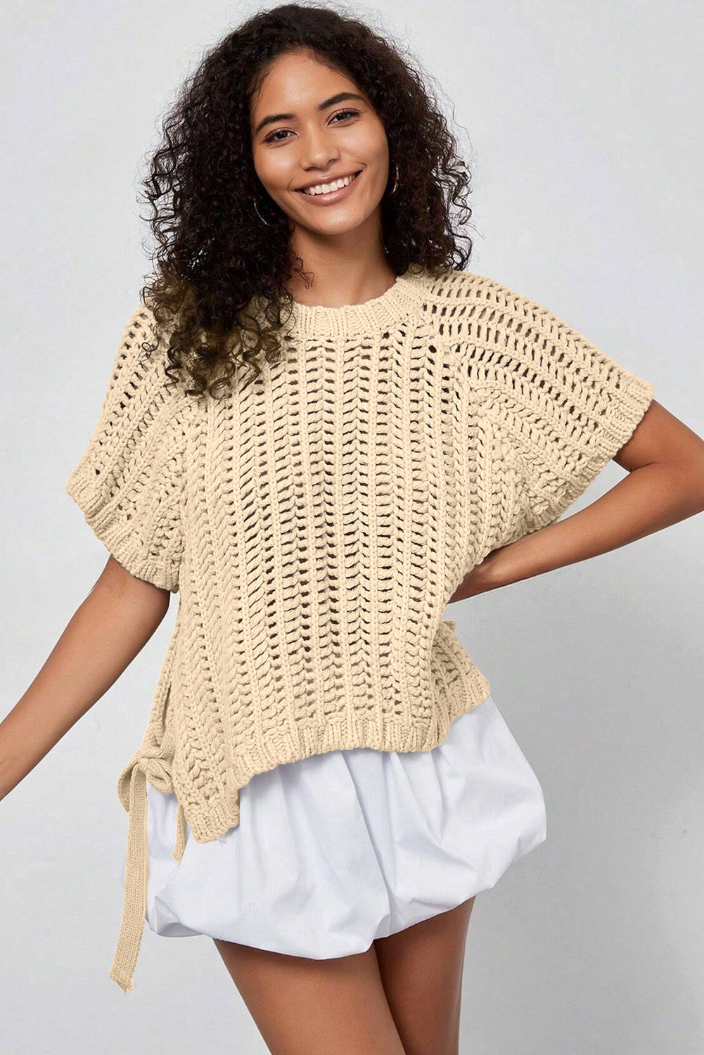 White Plus Size Open Knit Bow Tie Short Sleeve Sweater