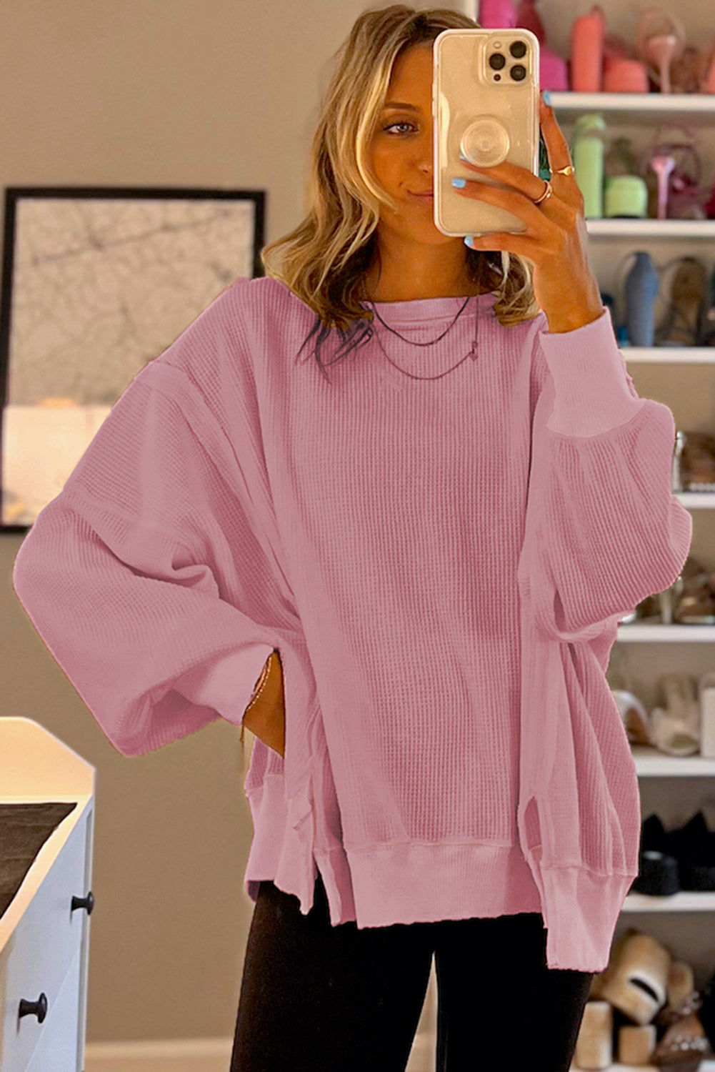 Sweat-shirt oversize fendu à manches évasées et gaufrées rose