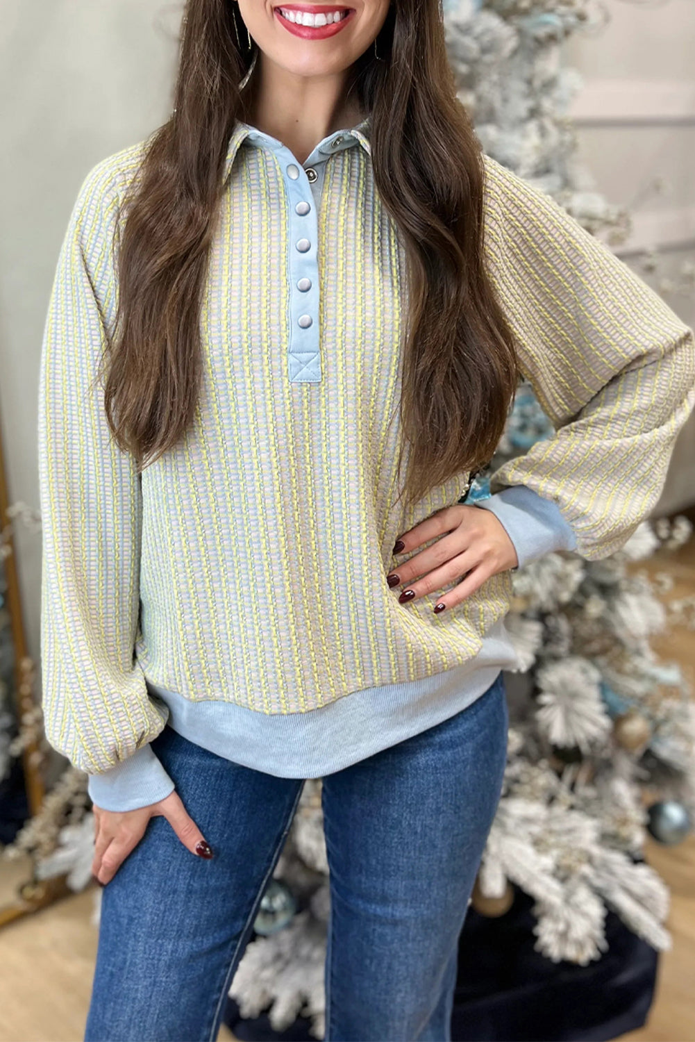 Beau Blue Striped Henley Collar Textured Sweatshirt