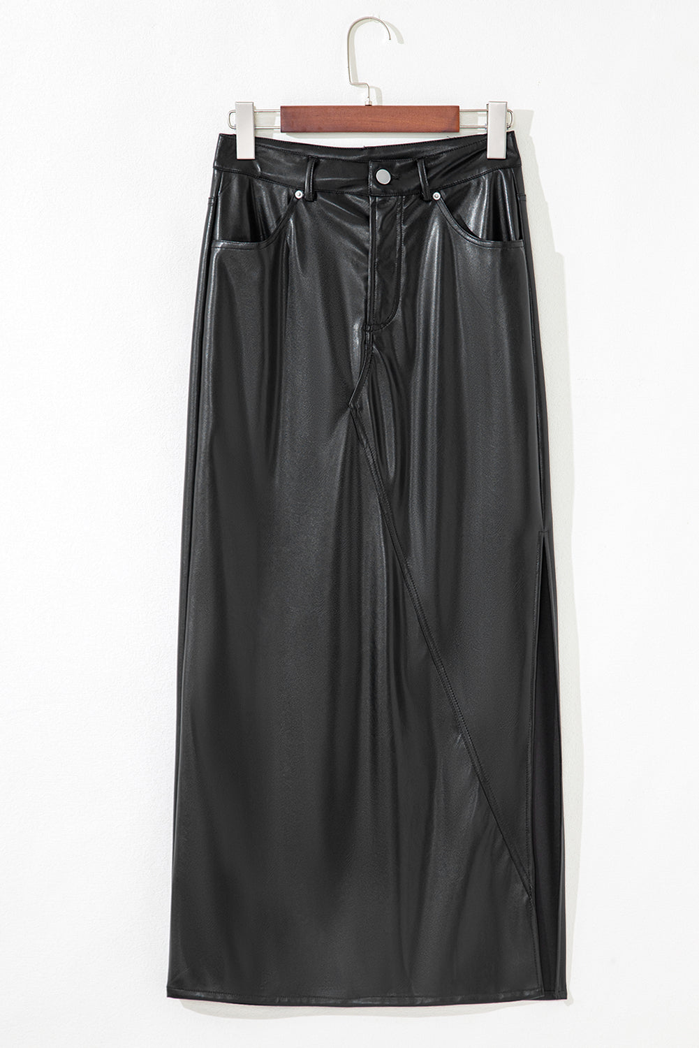 Black Faux Leather Side Slit Maxi Skirt
