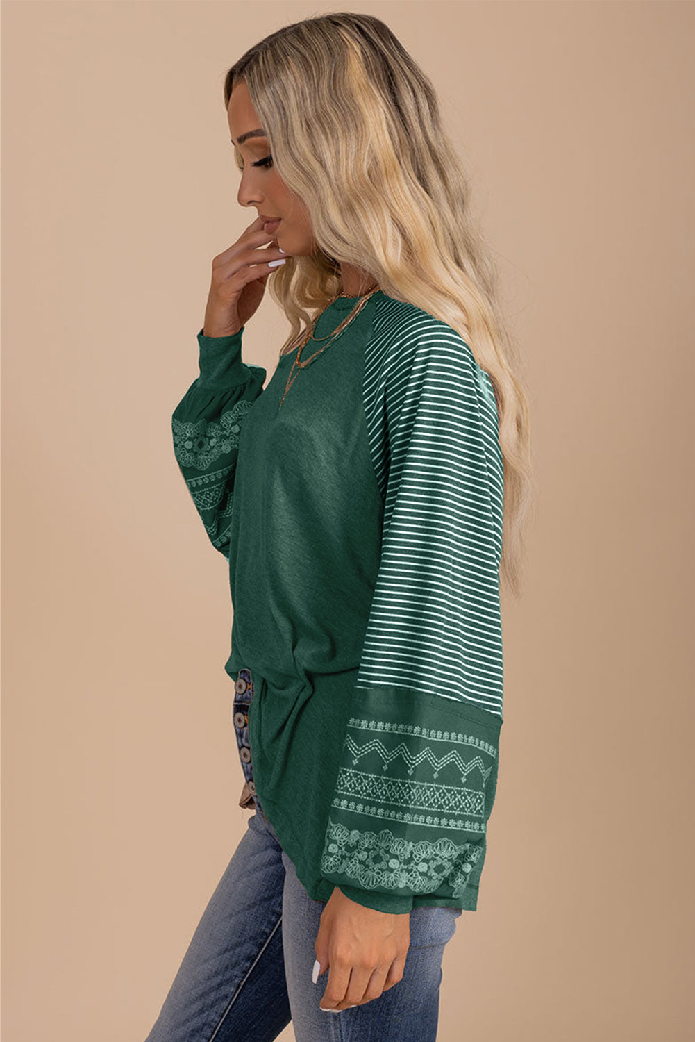 Medium Grey Contrast Print Striped Raglan Long Sleeve Loose Top