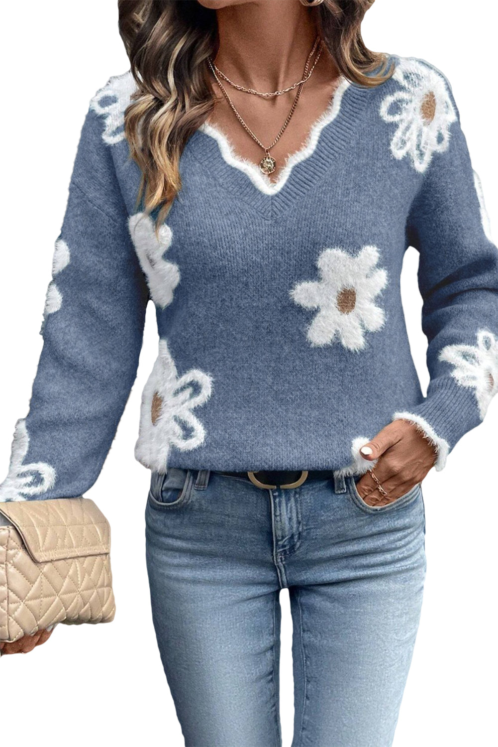 Pull col V festonné à fleurs en jacquard gris fumé
