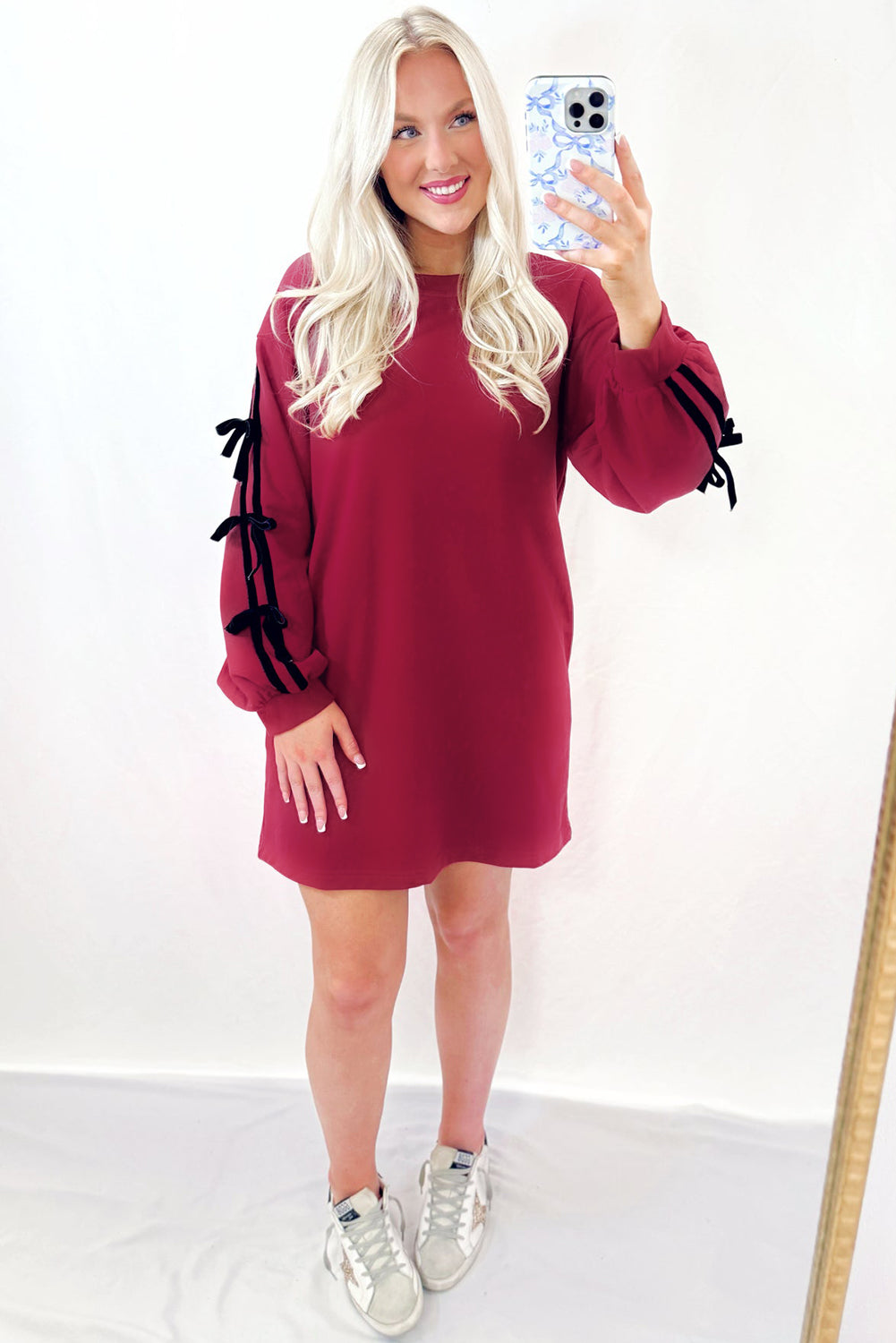 Racing Red Contrast Striped Bow Detail Drop Shoulder Sweatshirt Dress with Pockets