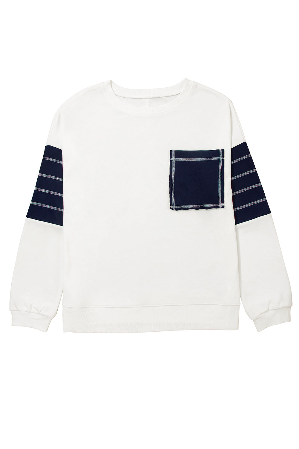 Sweat-shirt col rond côtelé patchwork en denim blanc