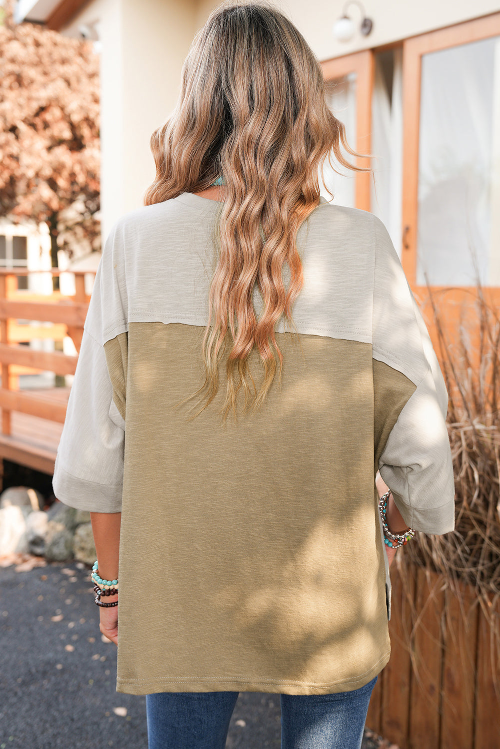 Light Blue Flower Patched Exposed Seam 3/4 Sleeve top