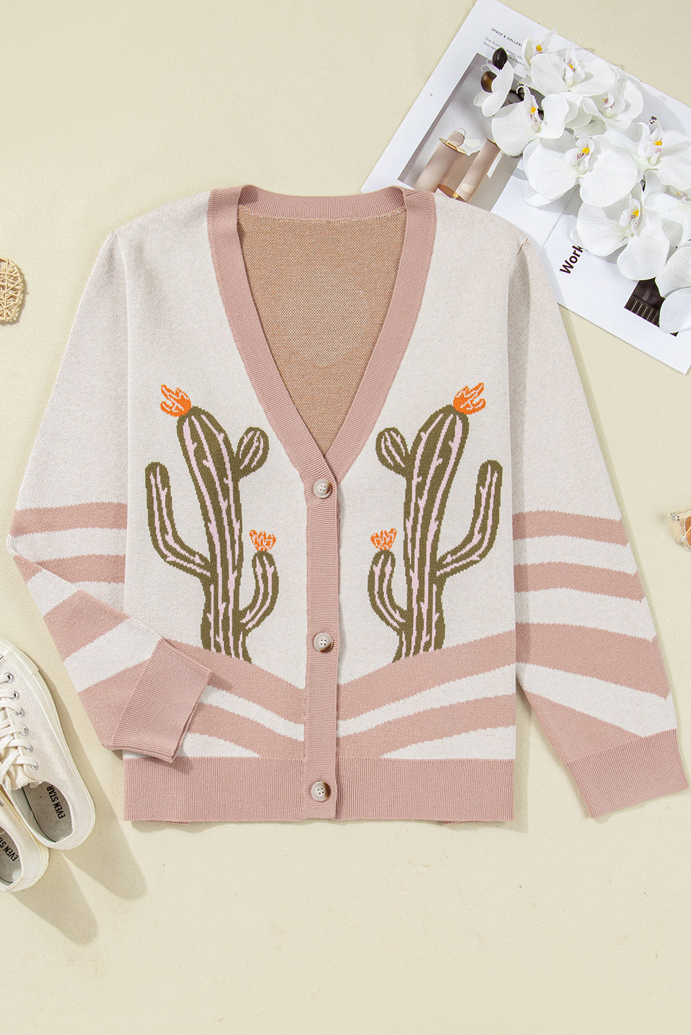 Apricot Cactus Print V Neck Plus Size Button Cardigan