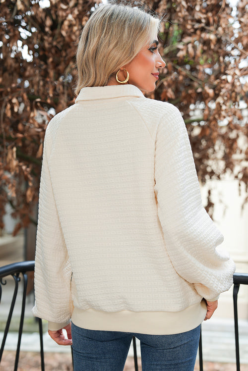 Sudadera informal beige de manga globo con cuello y botones