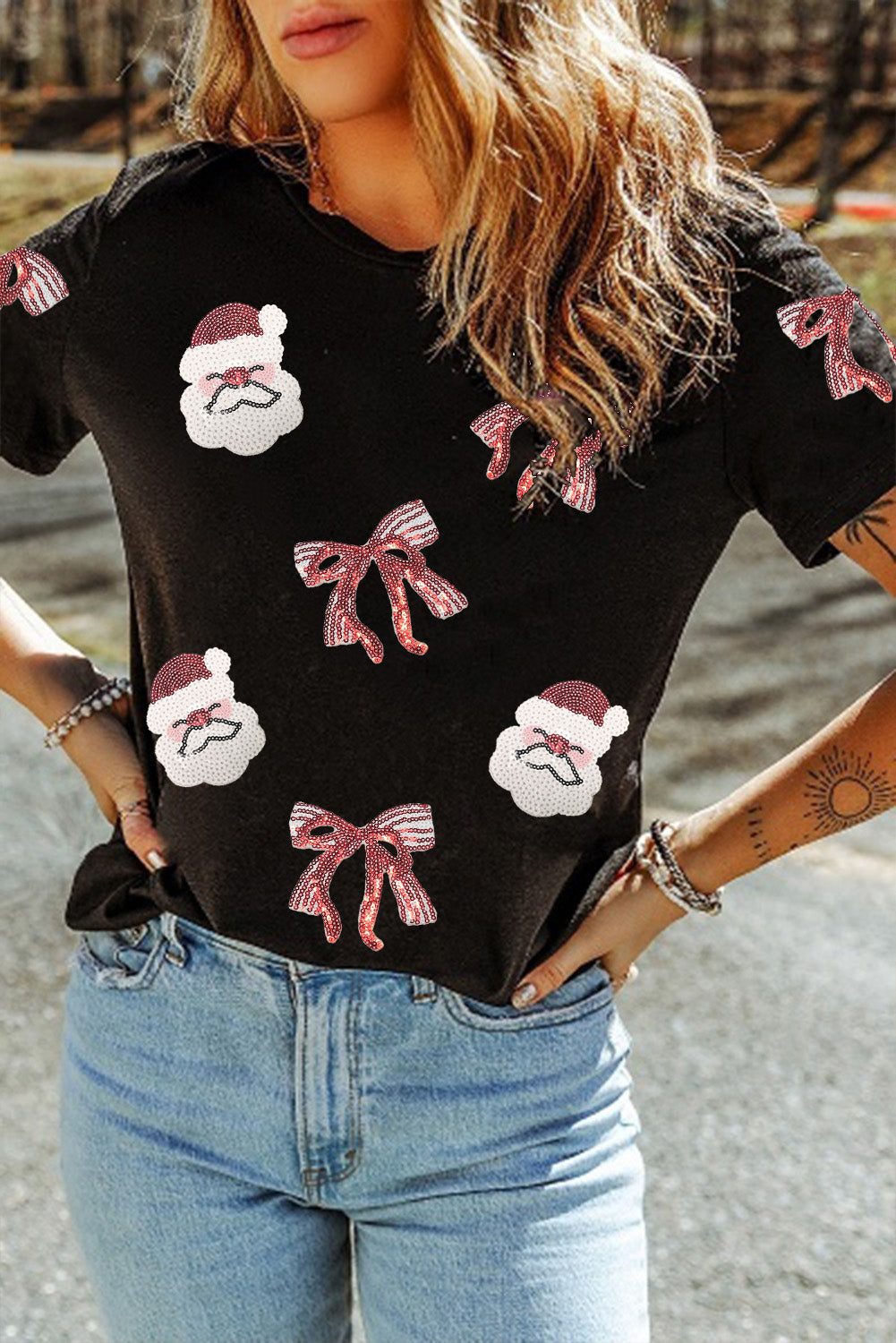Black Sequined Santa Claus Bow Patched Pattern Christmas Holiday Festive T Shirt