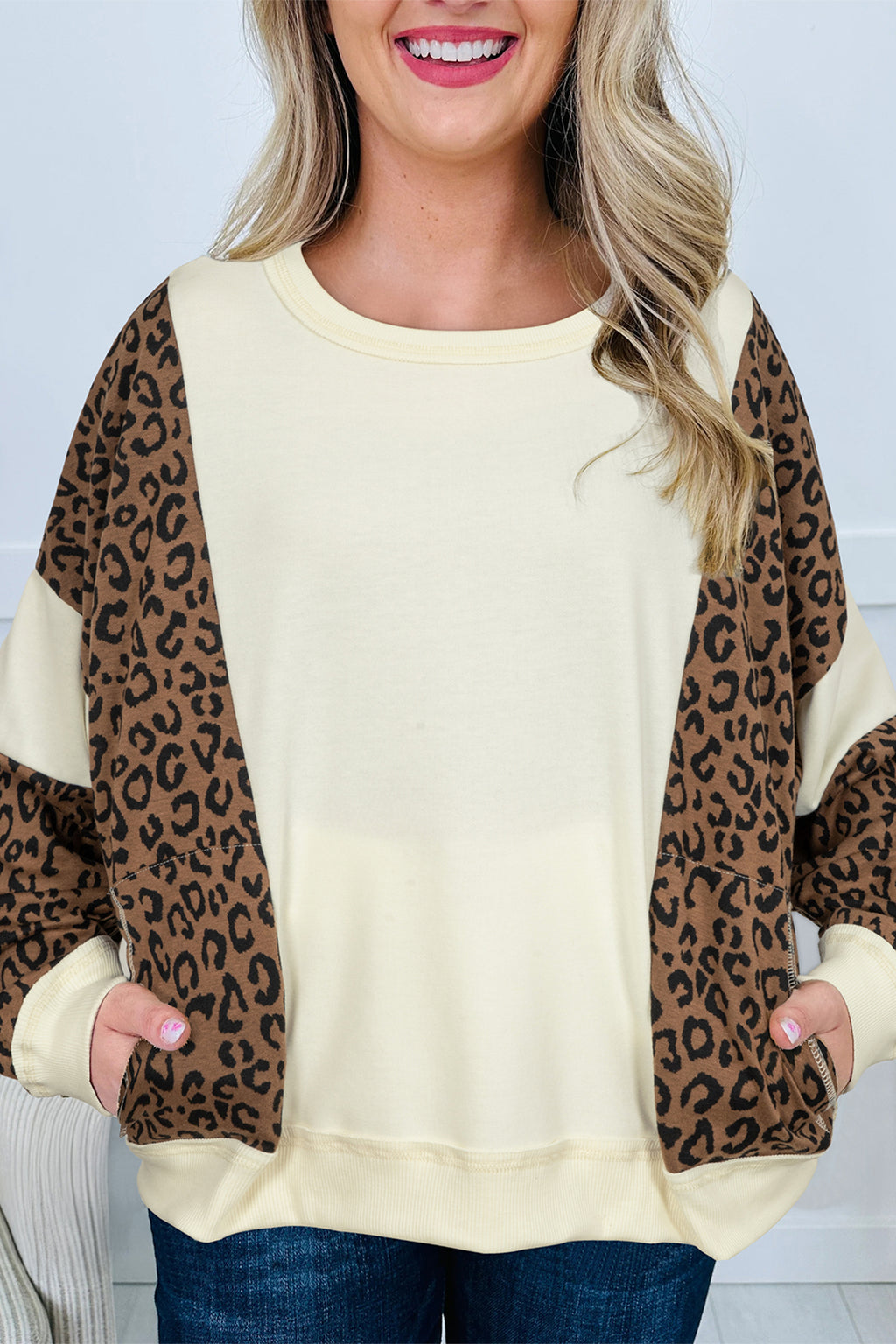 Beige Raw Seam Color Block Leopard Patchwork Baggy Long Sleeve Top