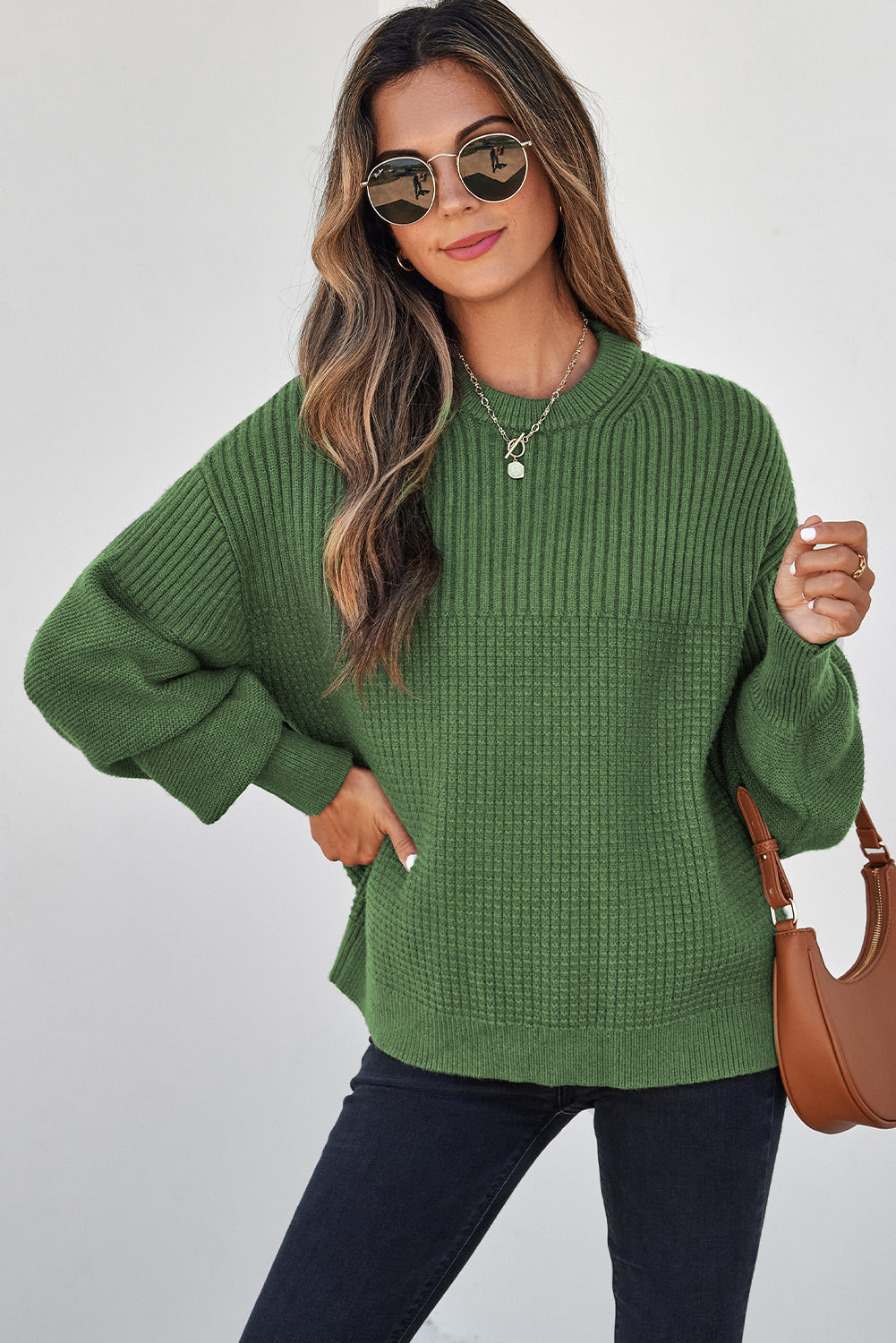 Vineyard Green Solid Color Mixed Textured Knitted Crew Neck Sweater