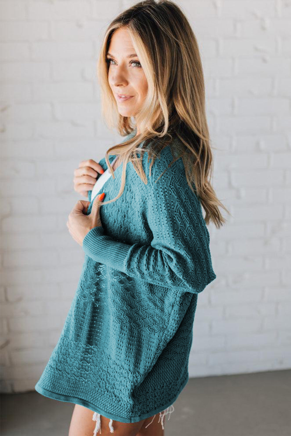 Cárdigan de punto calado con frente abierto y estampado mixto de lapislázuli