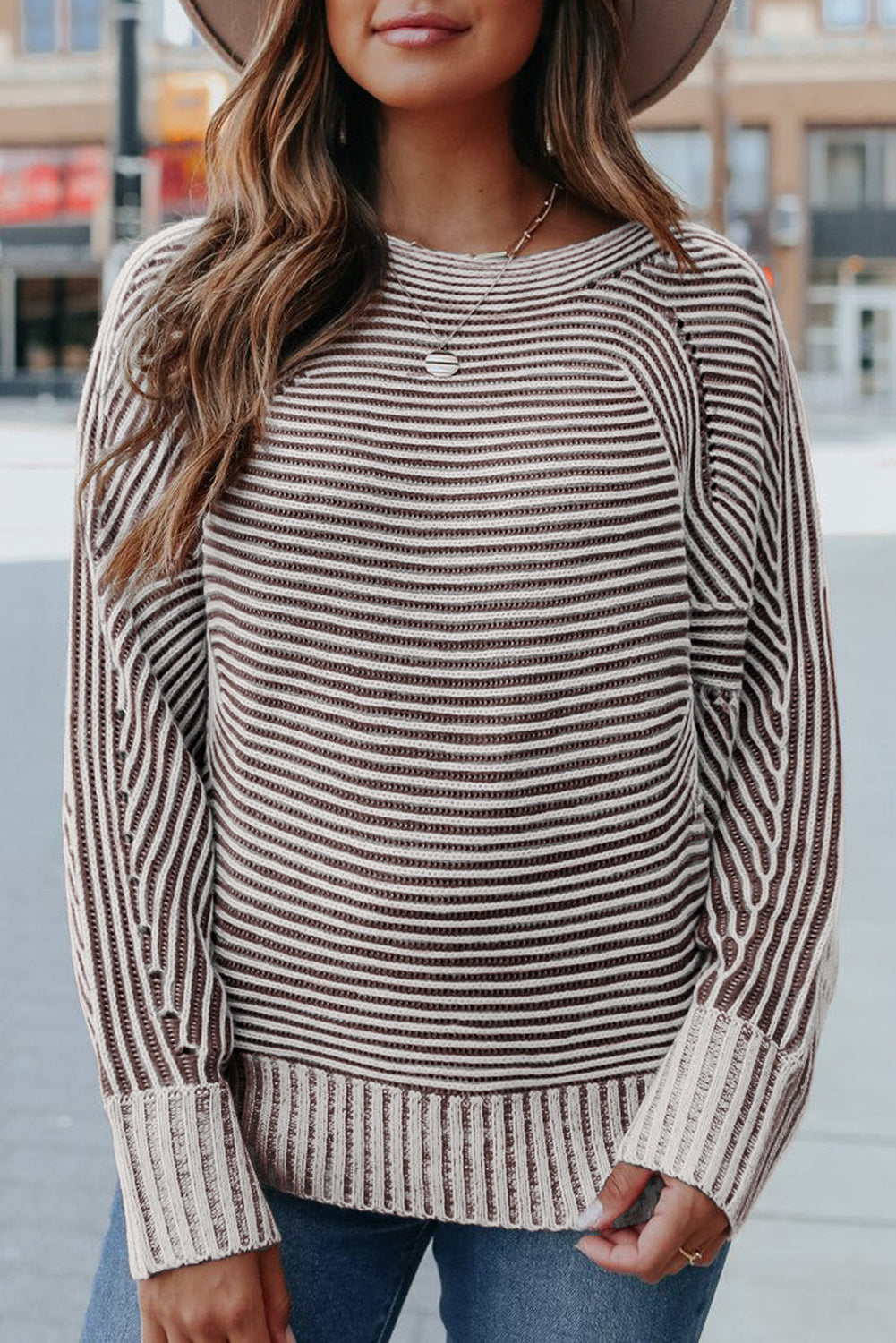 Light French Beige Striped Print Ribbed Knit Raglan Sleeve Baggy Sweater