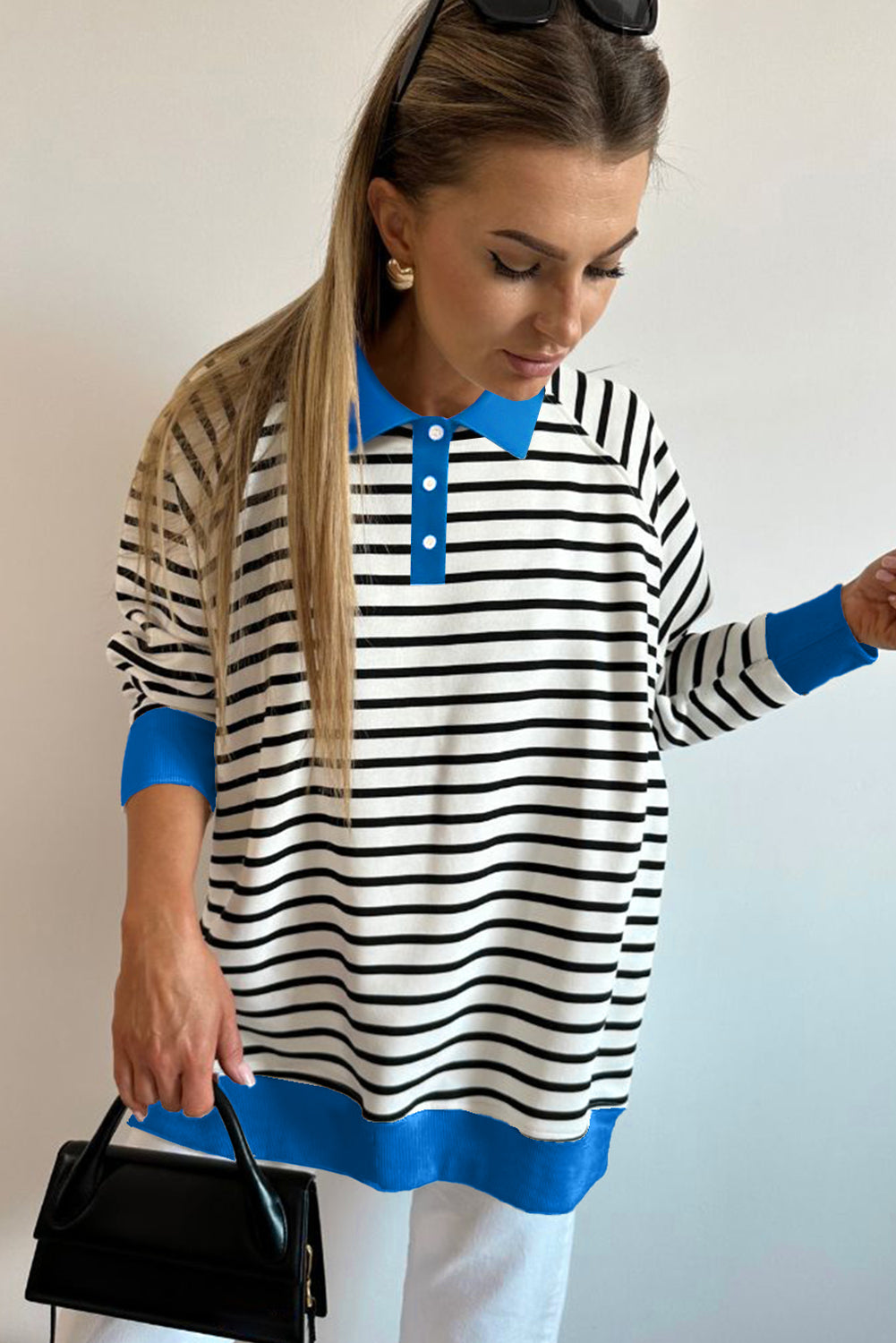 Black Stripe Striped Button Collar Pullover Sweatshirt